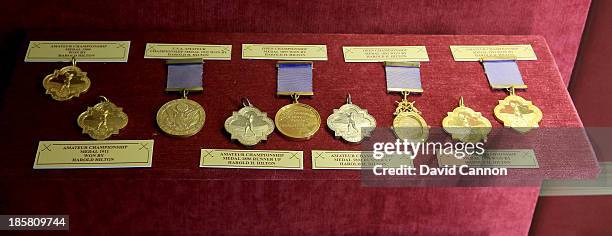 The medals and memorabilia in the clubhouse of Harold Hilton a past United States and British Amateur Champion who was a member at Royal Liverpool...