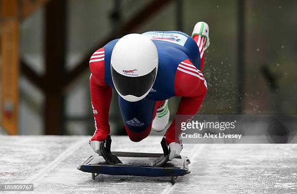 Ed Smith of the Team GB Skeleton Team in action during a training session on October 15, 2013 in Lillehammer, Norway.