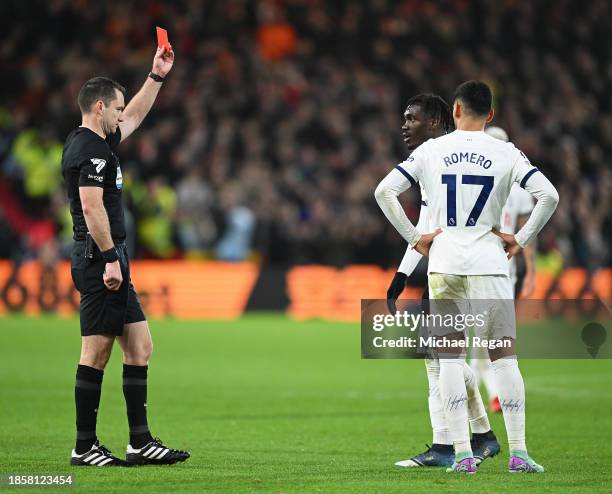 Yves Bissouma of Tottenham Hotspur is shown a red card by Match Referee, Jarred Gillett during the Premier League match between Nottingham Forest and...