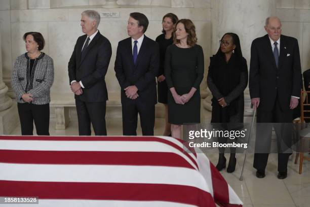 Justices of the US Supreme Court Elena Kagan, from left, Neil Gorsuch, Brett Kavanaugh, Amy Coney Barrett, Ketanji Brown Jackson, and former Justice...