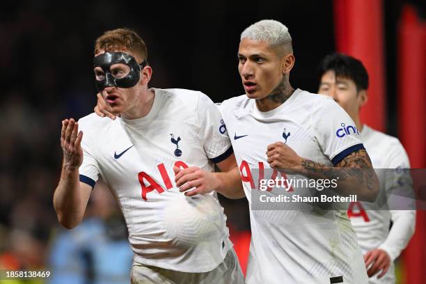 Dejan Kulusevski of Tottenham Hotspur celebrates after scoring their team's second goal with teammate Richarlison during the Premier League match...