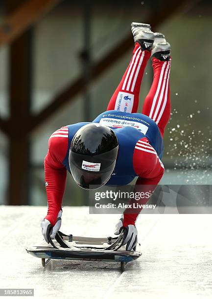 Kristan Bromley of the Team GB Skeleton Team in action during a training session on October 15, 2013 in Lillehammer, Norway.