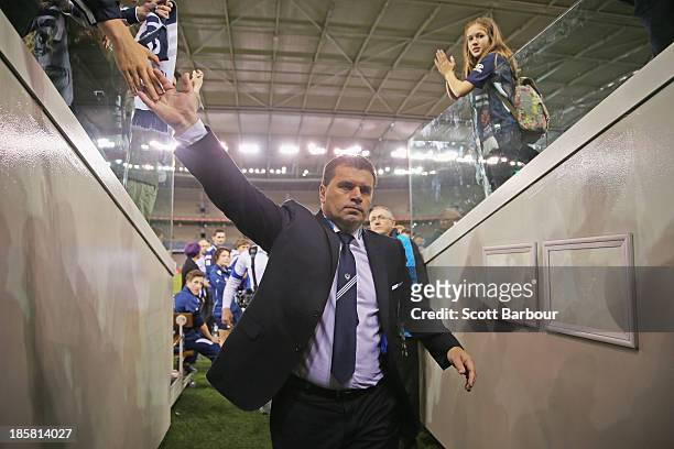 Ange Postecoglou the coach of the Victory leaves the field after winning his final game as coach during the round three A-League match between...