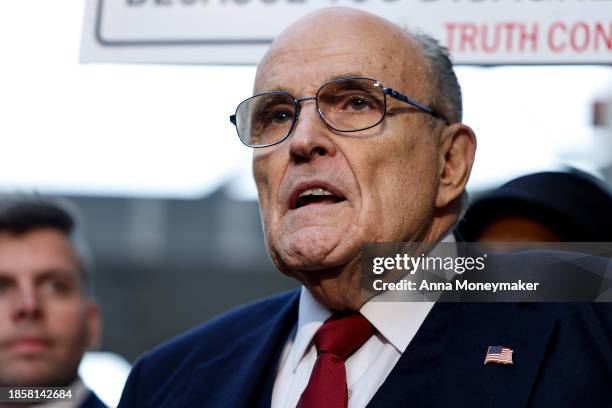 Rudy Giuliani, the former personal lawyer for former U.S. President Donald Trump, speaks with reporters outside of the E. Barrett Prettyman U.S....