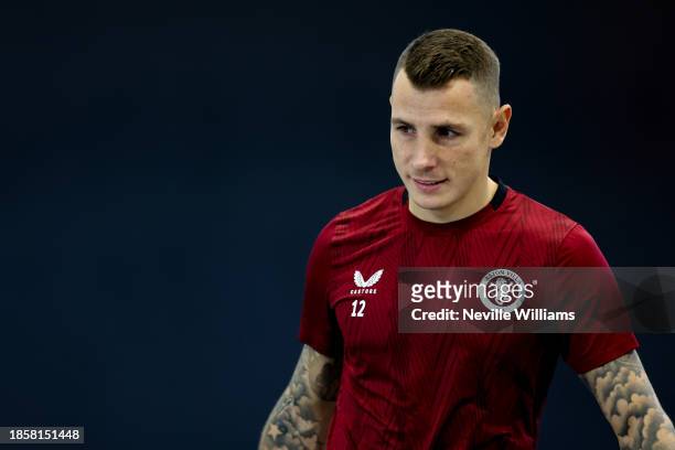 Lucas Digne of Aston Villa in action during training session at Bodymoor Heath training ground on December 15, 2023 in Birmingham, England.