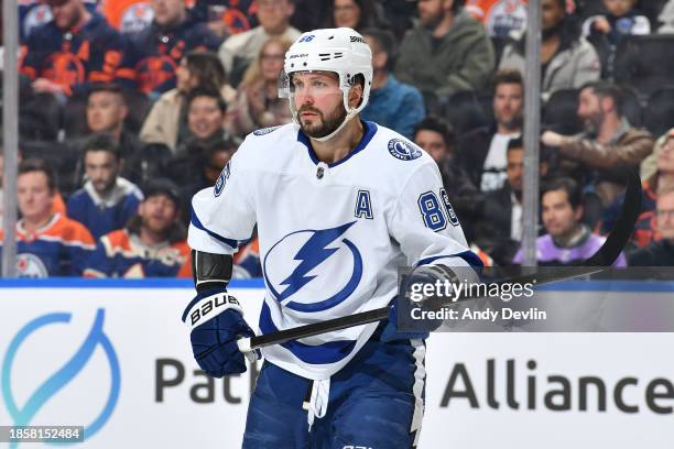 Nikita Kucherov of the Tampa Bay Lightning skates during the game against the Edmonton Oilers at Rogers Place on December 14 in Edmonton, Alberta,...