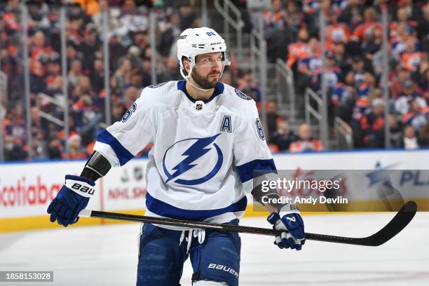 Nikita Kucherov of the Tampa Bay Lightning awaits a face-off during the game against the Edmonton Oilers at Rogers Place on December 14 in Edmonton,...