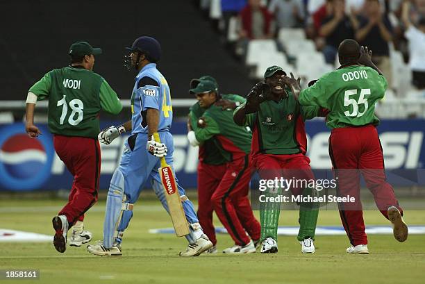 Thomas Odoyo of Kenya celebrates the wicket of Virender Sehwag of India during the ICC Super Six World Cup match between Kenya and India held on...