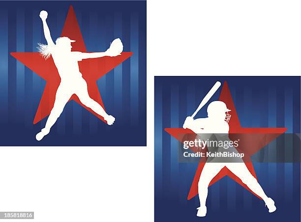 girls softball all-star graphic - batter, pitcher - softball pitcher stock illustrations