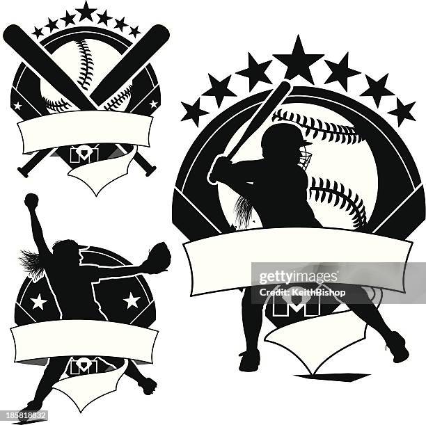 girls softball-icons, pitching, batsman, ball - einen baseball schlagen stock-grafiken, -clipart, -cartoons und -symbole