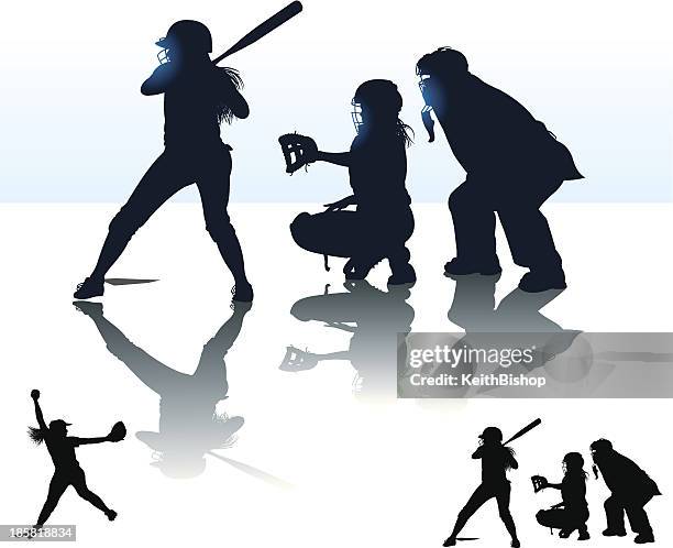 stockillustraties, clipart, cartoons en iconen met girls softball - at bat, catcher, batter, umpire, pitcher - vangen