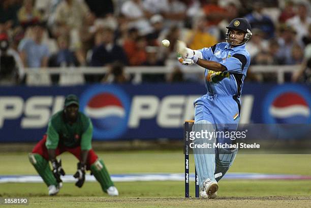 Sourav Ganguly of India hits a four during the ICC Super Six World Cup match between Kenya and India held on March 7, 2003 at Newlands in Cape Town,...