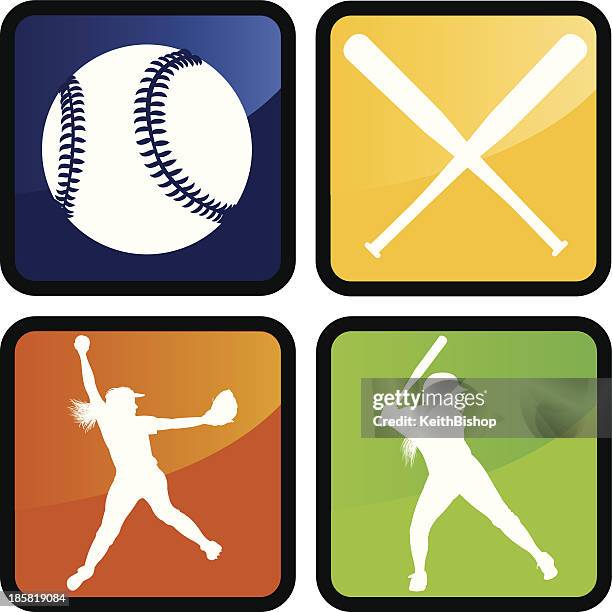 girls softball - icons, pitcher, batter, ball, bat - softball pitcher stock illustrations