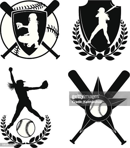 girls softball - icons, pitcher catcher, batter, ball - softball glove stock illustrations