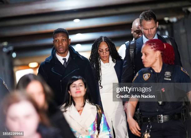 Actor Jonathan Majors and Meagan Good leave the courthouse following closing arguments in Majors' domestic violence trial at Manhattan Criminal Court...