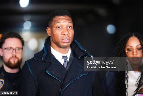 Actor Jonathan Majors leaves the courthouse following closing arguments in Majors' domestic violence trial at Manhattan Criminal Court on December...