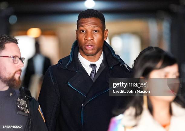 Actor Jonathan Majors leaves the courthouse following closing arguments in Majors' domestic violence trial at Manhattan Criminal Court on December...