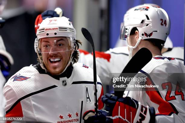 Oshie of the Washington Capitals greets teammtes before playing against the Philadelphia Flyers at the Wells Fargo Center on December 14, 2023 in...