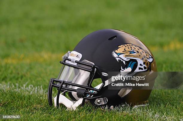 The Jacksonville Jaguars logo visible during a training session at Pennyhill Park Hotel ahead of Sunday's NFL match at Wembley Stadium between...