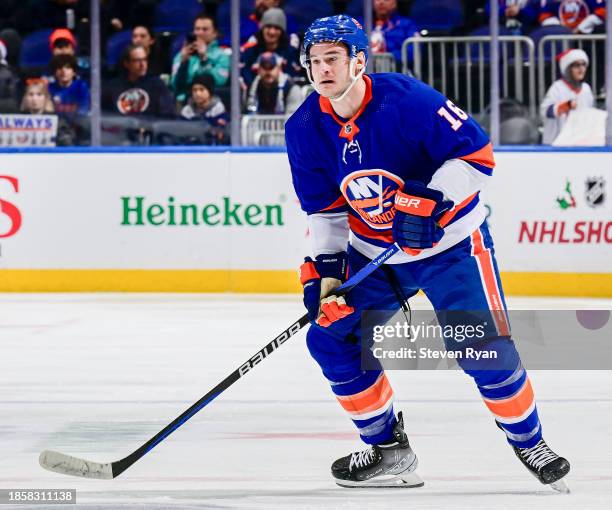 Julien Gauthier of the New York Islanders skates against the Columbus Blue Jackets at UBS Arena on December 07, 2023 in Elmont, New York.