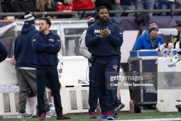 New England Patriots linebackers coach Jerod Mayo during a game between the New England Patriots and the Kansas City Chiefs on December 17 at...