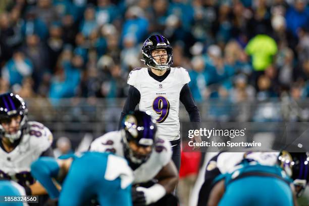 Baltimore Ravens place kicker Justin Tucker lines up for a kick during the game between the Jacksonville Jaguars and the Baltimore Ravens on December...