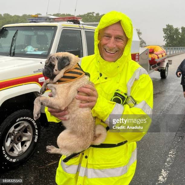 Search and rescue worker is rescues a dog during a search and rescue operation in the flooded area of Queensland, Australia on December 18, 2023....