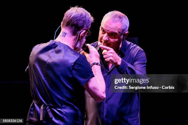 Marco Masini and Giorgio Panariello perform at Teatro Arcimboldi on December 15, 2023 in Milan, Italy.