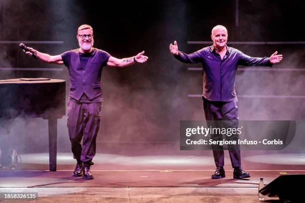 Marco Masini and Giorgio Panariello perform at Teatro Arcimboldi on December 15, 2023 in Milan, Italy.