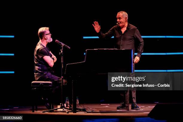 Marco Masini and Giorgio Panariello perform at Teatro Arcimboldi on December 15, 2023 in Milan, Italy.