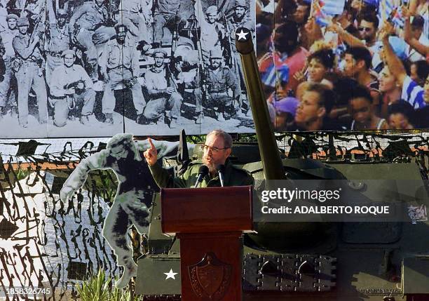 Cuban President Fidel Castro gives a speech remembering the Bay of Pigs invasion of Cuba by Cuban exiles supported by the US 40 years ago at Giron...