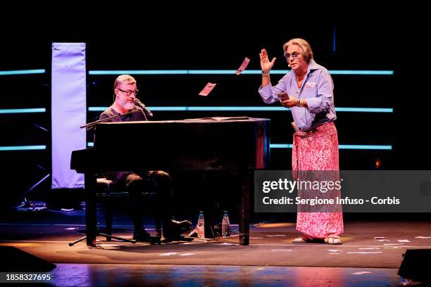 Marco Masini and Giorgio Panariello perform at Teatro Arcimboldi on December 15, 2023 in Milan, Italy.