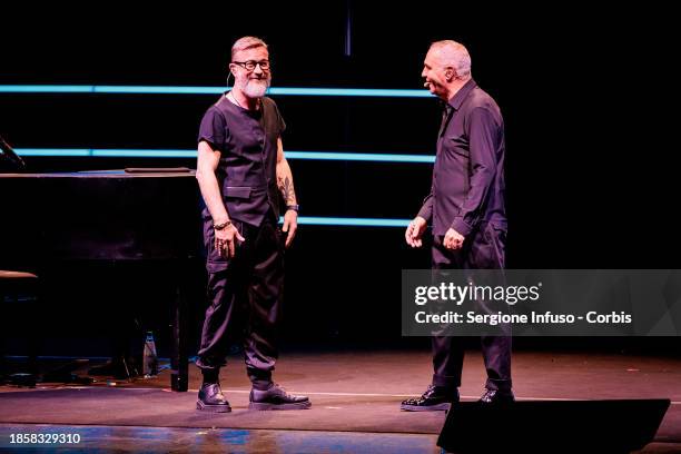 Marco Masini and Giorgio Panariello perform at Teatro Arcimboldi on December 15, 2023 in Milan, Italy.