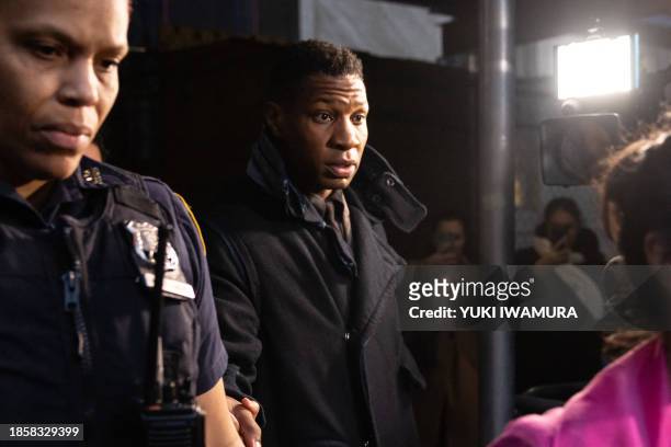 Actor Jonathan Majors leaves a courtroom after being found guilty of assault and harassment of his former girlfriend, at the Manhattan criminal...