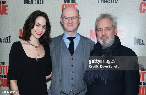Tuppence Middleton, Mark Gatiss and Sir Sam Mendes attend the press night after party for "The Motive And The Cue" at Cafe At The Crypt,...