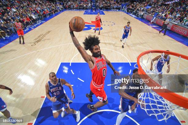 Coby White of the Chicago Bulls drives to the basket during the game against the Philadelphia 76ers on December 18, 2023 at the Wells Fargo Center in...
