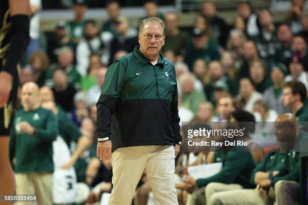 Head coach Tom Izzo of the Michigan State Spartans looks on during the second half against the Oakland Golden Grizzlies at Breslin Center on December...