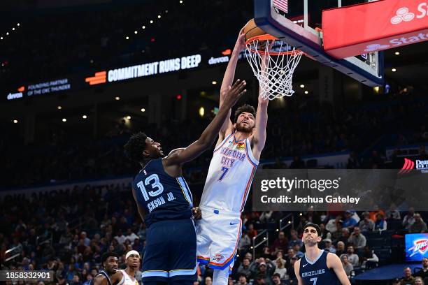 Chet Holmgren of the Oklahoma City Thunder goes up for a dunk while being defended by Jaren Jackson Jr. #13 of the Memphis Grizzlies during the...