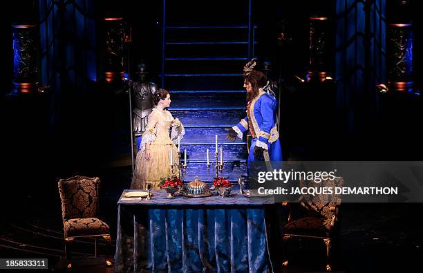 Manon Taris and Yoni Amar respectively play "Beauty" and "Belle" during a dress rehearsal of "the Beauty and the Beast : The Broadway Musical" at the...