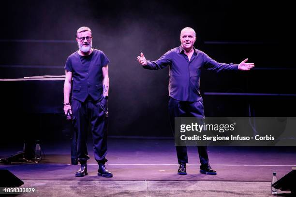 Marco Masini and Giorgio Panariello perform at Teatro Arcimboldi on December 15, 2023 in Milan, Italy.