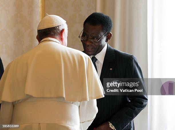 Pope Francis receives in audience the President of the Republic of Equatorial Guinea, Teodoro Obiang Nguema Mbasogo at his private studio on October...