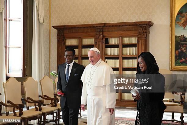 Pope Francis receives in audience the President of the Republic of Equatorial Guinea, Teodoro Obiang Nguema Mbasogo and his wife Constancia Mangue...