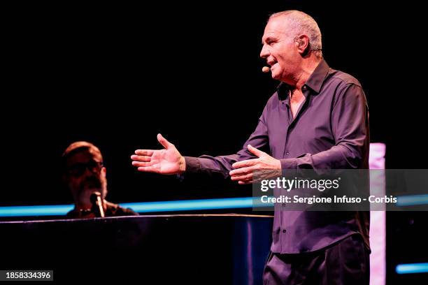 Marco Masini and Giorgio Panariello perform at Teatro Arcimboldi on December 15, 2023 in Milan, Italy.