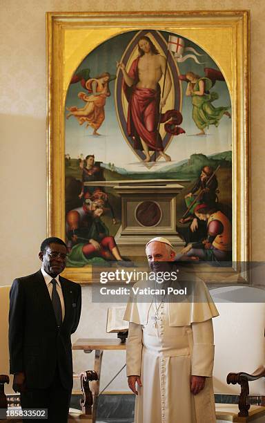 Pope Francis receives in audience the President of the Republic of Equatorial Guinea, Teodoro Obiang Nguema Mbasogo at his private studio on October...