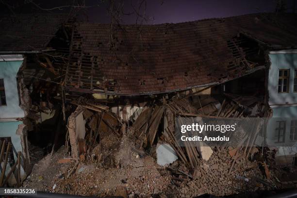 View of collapsed school after four were trapped under a fallen wall in Odorheiu Secuiesc, Romania on December 18, 2023. A wall of the 'Tamasi Aron'...