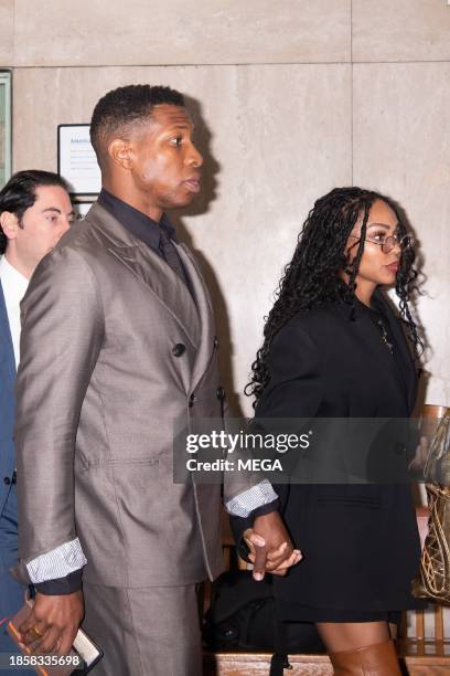 Jonathan Majors and Meagan Good are seen arriving at Criminal Court on December 18, 2023 in New York, New York.