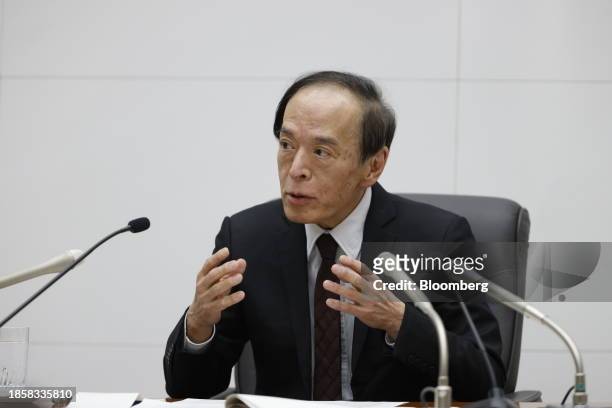 Kazuo Ueda, governor of the Bank of Japan , speaks during a news conference at the central bank's headquarters in Tokyo, Japan, on Tuesday, Dec. 19,...