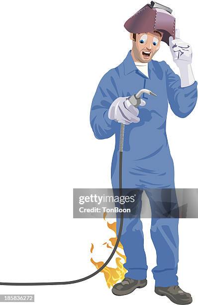 welder pants on fire - welding stock illustrations