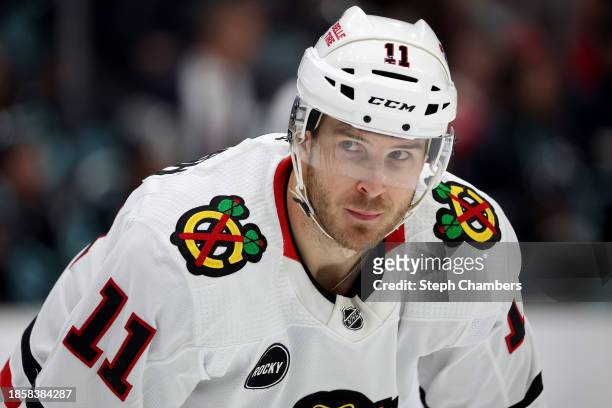 Taylor Raddysh of the Chicago Blackhawks looks on during the first period against the Seattle Kraken at Climate Pledge Arena on December 14, 2023 in...