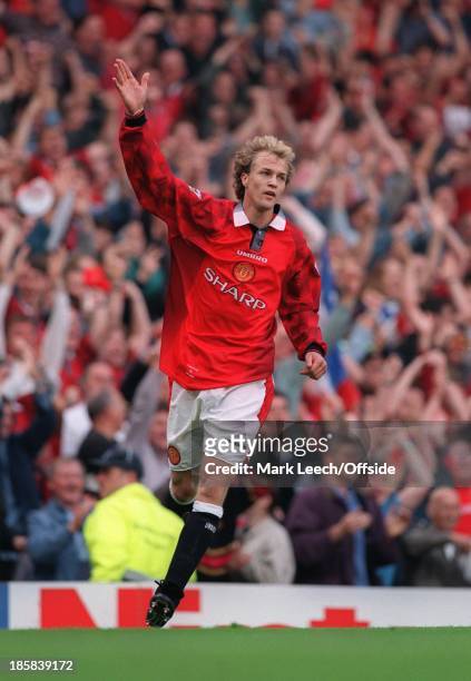 Premiership Football, Manchester United v Blackburn Rovers, Jordi Cruyff celebrates his goal.